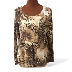 Alfred Dunner Long Sleeve Sweater Scoop Neck Animal Print Tan Brown Size XL GUC